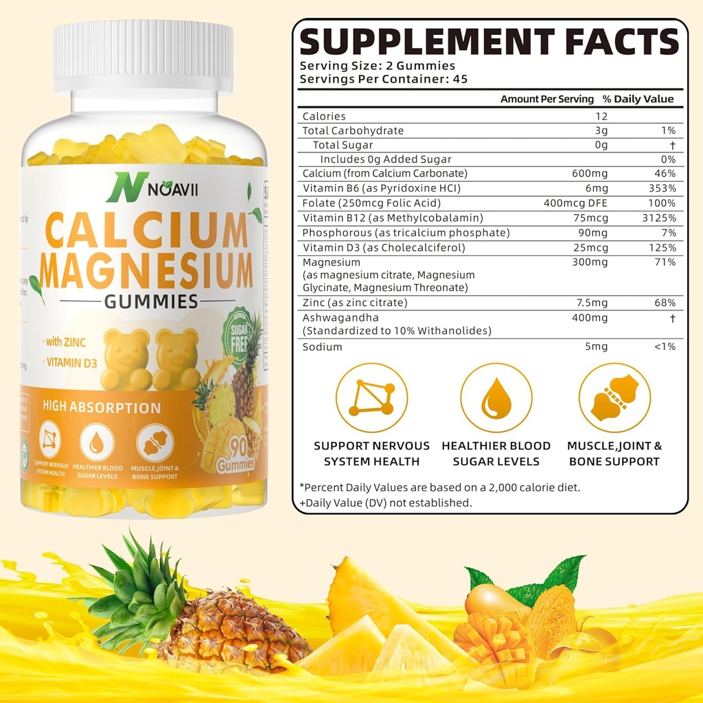 Kalcium Magnézium Zinok Gumies s vitamínom D3, Ashwagandha Supplement - High Potency Enhanced Absorbtion - Ananás Flavor-90 Počet
