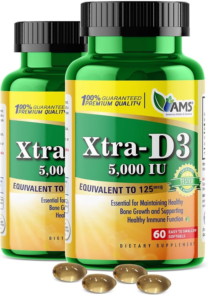 America Medic & Science Xtra D3 Vitamín D 5 000 IU (125 μg)Cholekalciferol Supplement for Men & Women (120ľahké prehltnúť softgels) 2pack