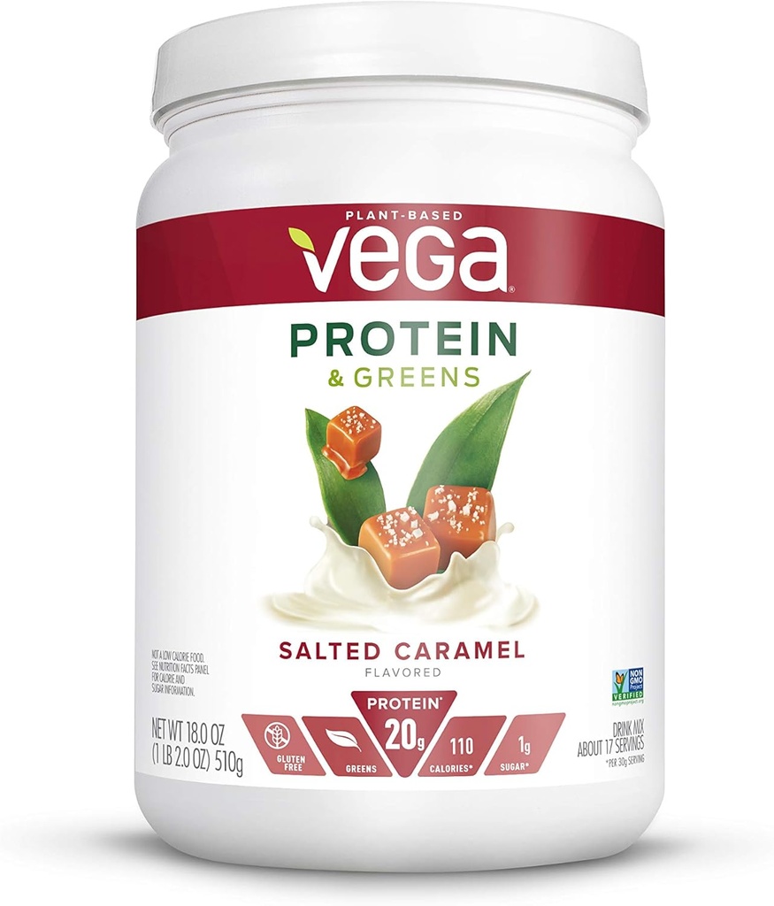 Vega Protein and Greens, Salted Caramel, Vegan Protein Powder, 20g Plant Based Protein, Low Carb, Keto, Dairy Free, Gluten Free, Non GMO, Pea Protein for Women and Men, 1,1 libra (17 Servings)