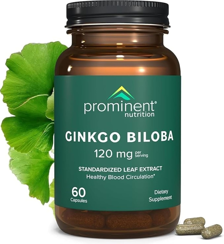 Prominent Nutrition Ginkgo Biloba 120mg - Ginkgo Biloba Leaf Extract, Bylinné doplnky na pomoc podporu pamäte a Focus- Vegan, Non-GMO, Gluten-Free, Soy-Free, 60 dní dodávky - 1 balenie