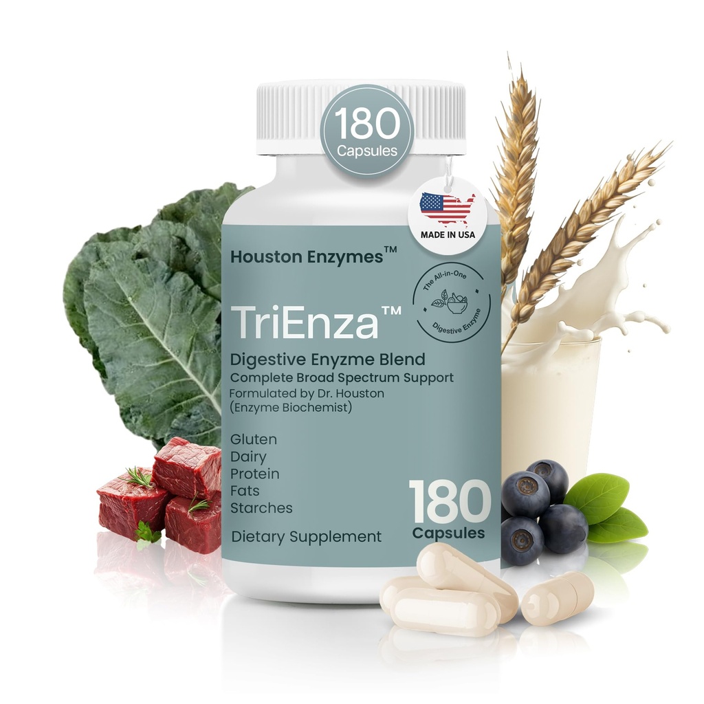 Houston Enzymes TriEnza Digestive Enzymes for Women & Men, Digestive Enzyme Supplements for Proteins, Carbs, Fats & Polyphenols Help Break Down Wheat, Dairy, Soy, 180 Kapsule (90 dávok)