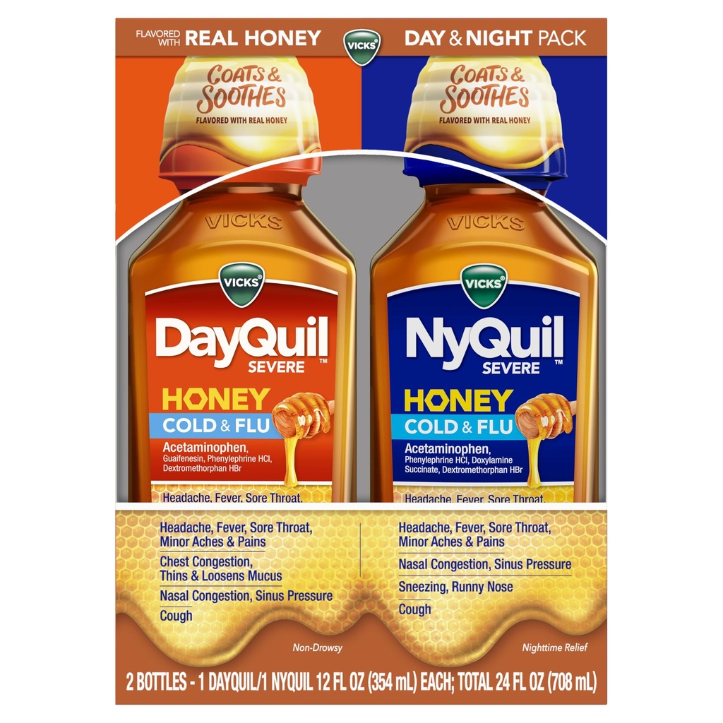 VICKS DayQuil & NyQuil SEVERE Honey Flavor Co-Pack, Cold & Flu Medicine, Relives Bolesť hlavy, Horúčka, Bolestivé hrdlo, Menej bolesti a bolesti, Nasálna kongescia, Sínusový tlak, dusný nos, a Kašeľ, 2x12oz