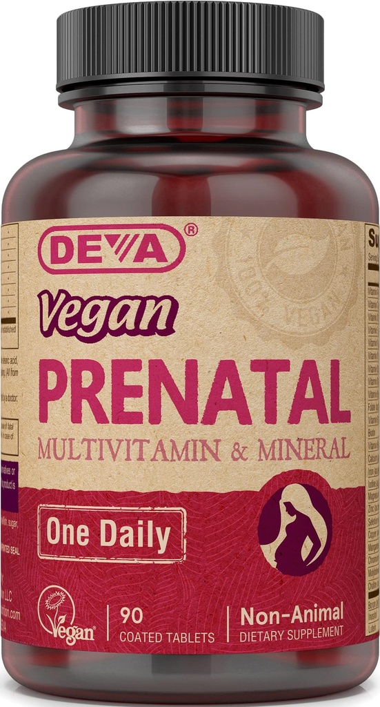 Deva Vegan Prenatálny multivitamín a minerálne doplnky - Raz-Per-Day Formula - Vitamíny A, C, D, E, K, B Complex, s folát a syr - 90 obalené tablety, 1-Pack