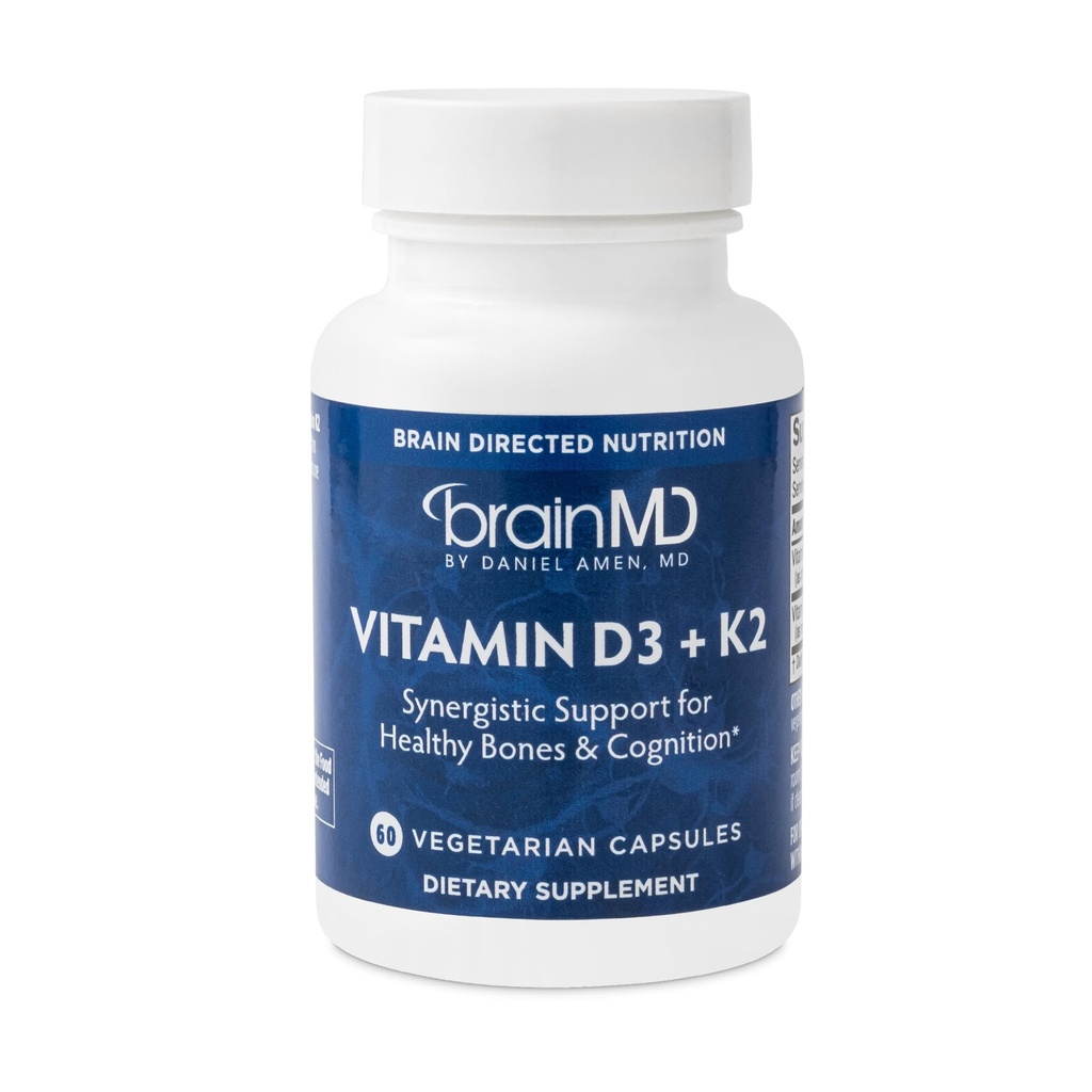 BRAINMD Vitamín D3 + K2-60 Kapsule - Synergická podpora pre zdravé kosti a kognitívne návyky - bez lepidla - 60 Servisov