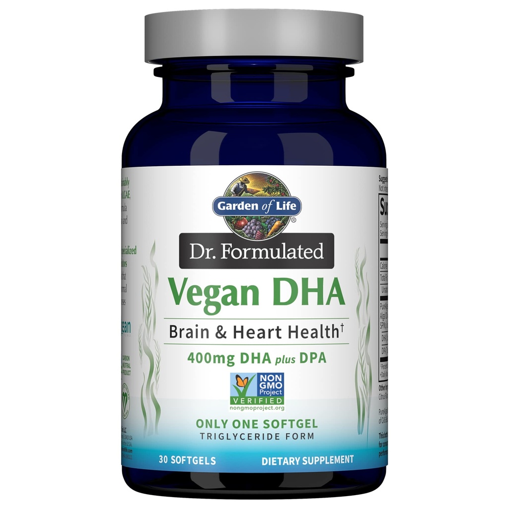Záhrada života Omega 3 Vegan DHA doplnky Dr. Formulované Vegan DHA, 400mg DHA & 90mg DPA vo forme triglyceridov z jedného zdroja, Omega 3 doplnok pre zdravie žien a mužov, 30 Softgels