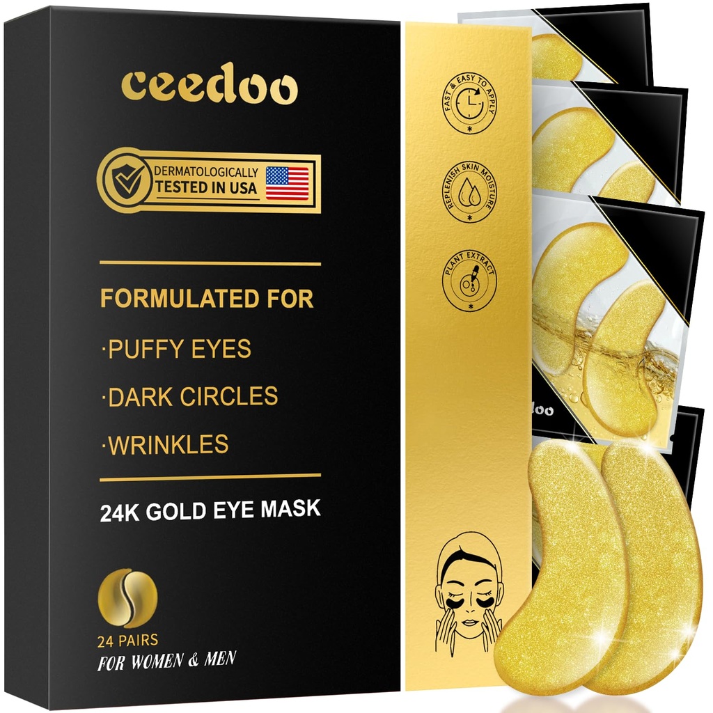Pod očné záplaty - 24 párov zlato pod očným maskom pre opuchnuté oči, tmavé kruhy, očné tašky, vrásky, kolagénové očné gély s omladzujúcou liečbou, darčeky pre ženy