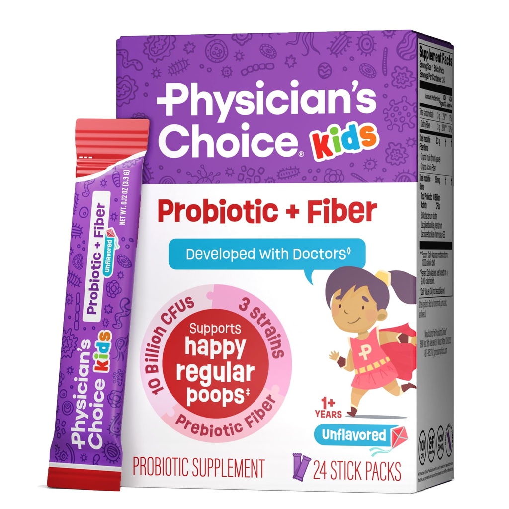 Lekárska voľba Deti probiotické + Prebiotické Fiber pakety (Ages 1+) - Podpora Pravidelnosť, Príležitostná zápcha a zdravý tráviaci systém - Žiadne alergie alebo konzervačné látky - Neochutené - 24 balenie