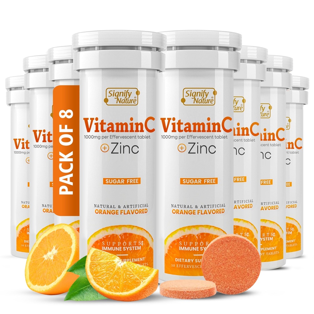 SIGIFY NATURE Vitamín C 1000mg Šumivý tablety - Silná imunitná podpora VIT C s zinkom doplnok - bez cukru & Vegánska formula 