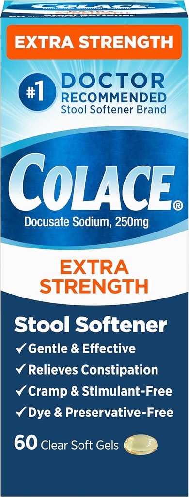 Colace Extra sila Stool Zmäkčovač pre jemné efektívne zápcha Relief, # 1 lekár odporúča Stool Zmäkčovač Značka, 250 mg Docusate Kapsule, 60 Počet (Stool Zmäkčovač)