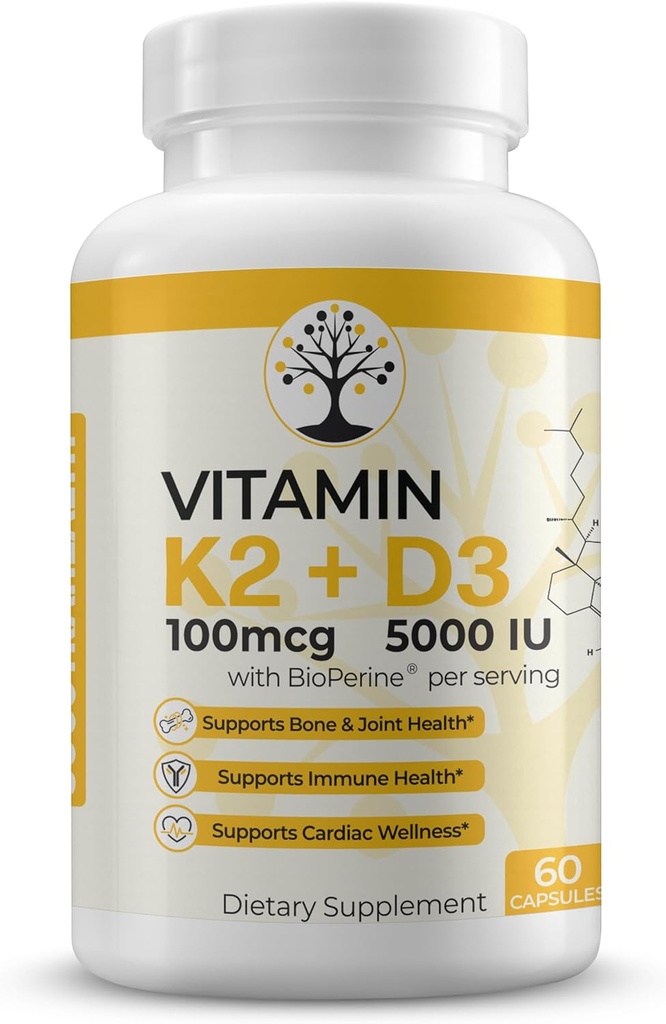 Vitamín D3 K2 doplnok, 5000 IU - podporuje imunitný a srdcový wellness, vysoký výkon, bez lepku, 60 kapsúl