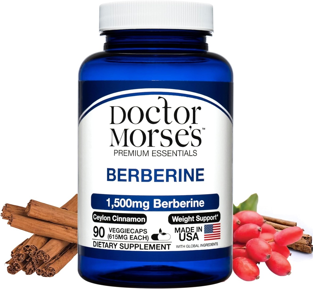 Dr. Morse's Berberine Supplement 1500mg, Berberine HCI s cylonskou škoricou, Extra Strength Formule, Made in The USA in an FDA-Registered, NSF-Certified Facility, 90 Kapsule