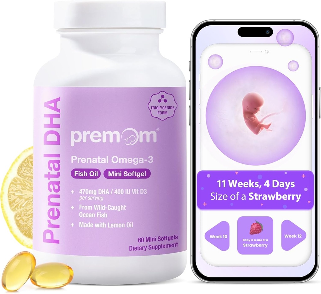Premom Prenatálny rybí olej DHA: Triglycerid Omega 3 s 470mg DHA, 200mg EPA + 400 IU VIT D3 Supplement - Fertility Support for Women - Globally Sourced from Wild Caught Fish