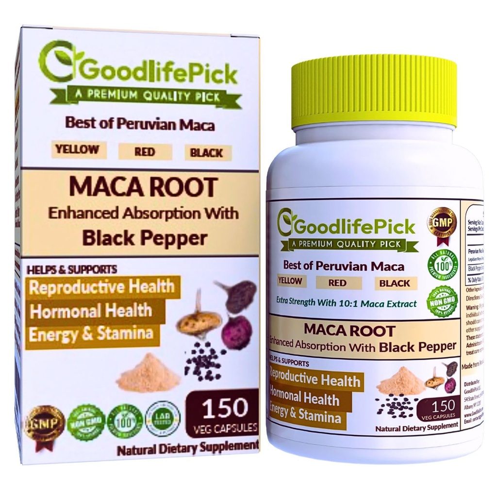 Peruvian Maca Root Kapsule 150 ct. Výkonný Maca zmes žltá červená & čierna Maca Root s čiernym korením. Všetky prírodné nonGMO Vegan No Stearate No Ryža prášok Nie Silica No Filler