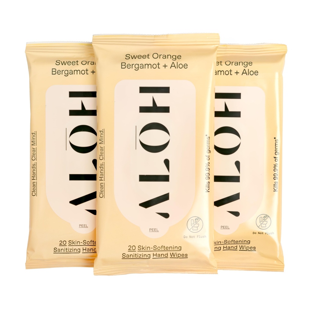 Al-H Sweet Orange Bergamot + Aloe Sanitizing Hand Wipes - Čisté ruky, Čistá myseľ - Na Go Hand Sanising Wipes pre deti a dospelých - Cestovné veľkosti 3 Balenie 20ct Wipes (60 utierky)