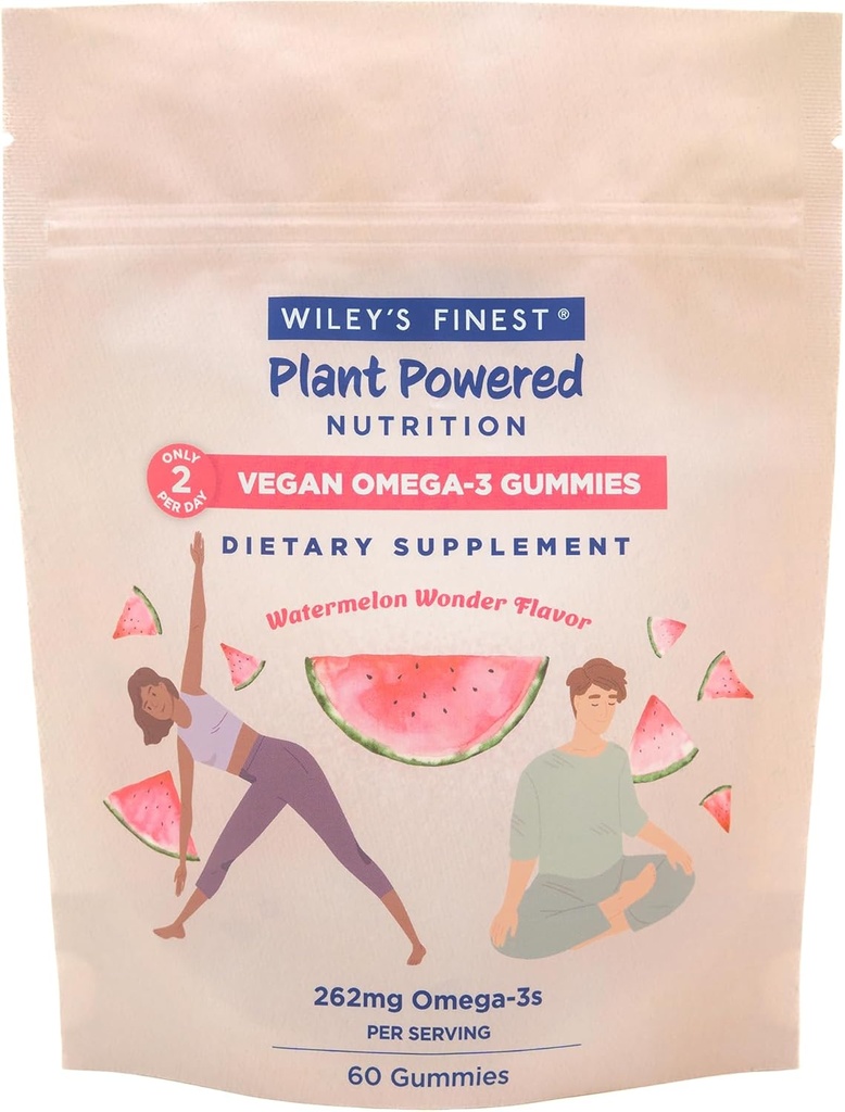 Wiley's Finest Vegan Omega-3 Gummy - Prírodný cukor - Vegetariánska Dha, Ala & Sda - Gluten Free - Watermelon Flavor, 60 Gummies