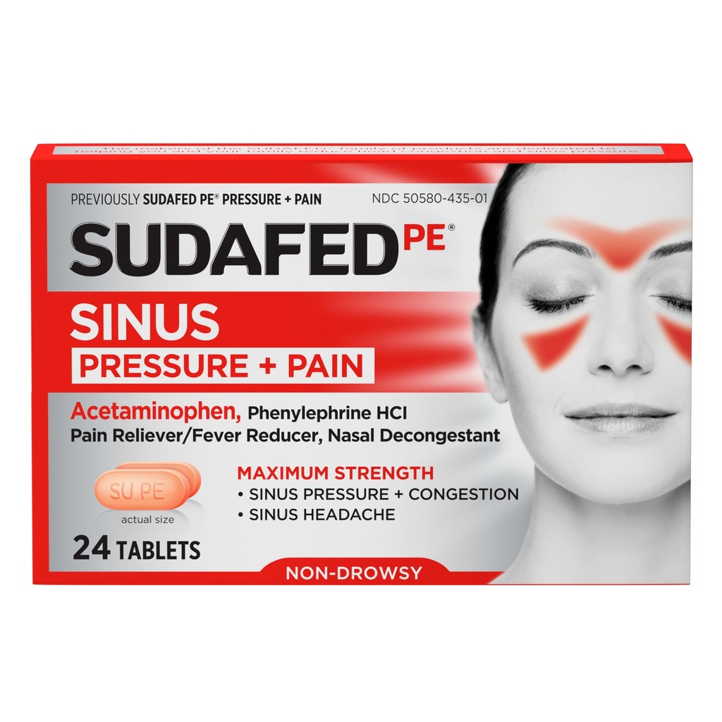 Sudafed PE Sinus Pressure + Pain Relief Tablets, Maximálna sila, Non-Drowsy, OTC Sinus Relief Medicine with Acetaminophen Pain Reliever & Fenylefrine HCl Nasal Dekongestant, 24 ct