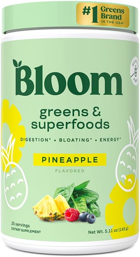 Bloom Nutrition Superfood Greens Powder, Digestive Enzymes with Probiotics and Prebiotics, Gut Health, Bloating Relief for Women, Chlorella, Green Juice Mix with Repeat Root Powder, 25 SVG, Ananás