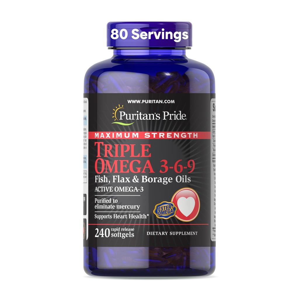 Puritánska pýcha Premium Maximálna sila Triple Active Omega 3-6-9 Ryby, Ľan, a Borage Oleje, Dietary Supplement for Heart, Joint, and Cellular Health Support, 240 Rýchle vydanie Softgels