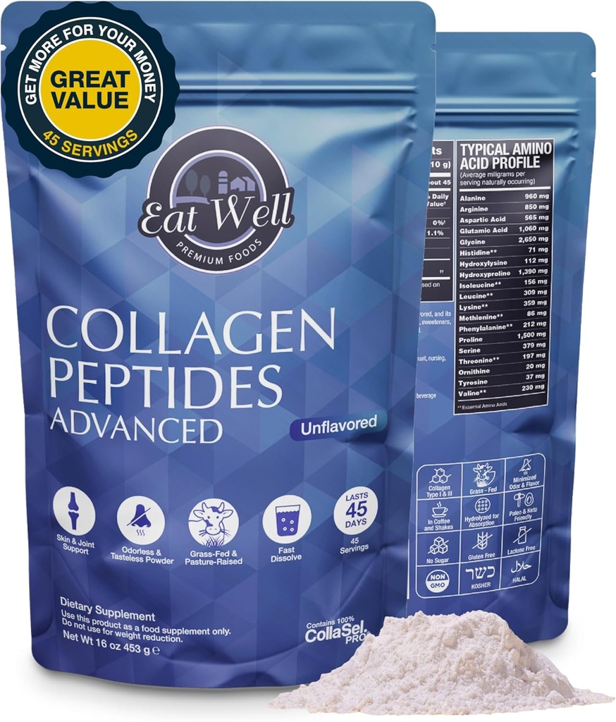 EAT WELL PREMIUM POTRAVINY Kolagén Peptidy prášok Proteín 45 Slúži, 16oz, Kolagén pre kožu, kosti a kĺbu, Typ I & III Trávu Fed kolagén doplnky pre ženy a mužov, Keto, Aminokyseliny