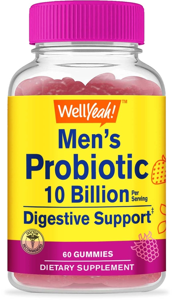 WellYeah probiotické Gummy pre mužov s 10 miliardami CFU, Obnoviť prírodné trávne vyváženie, Znížiť plyn, Bloating, a nepravidelnosť, Gluten Free, non-GMO, Vegetarián - 60 Gummy