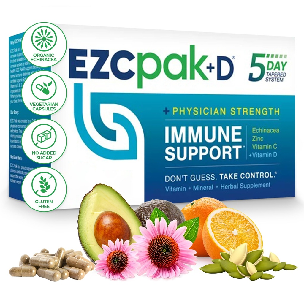 EZC Pak 5-Day Immune System Booster s Echinacea, vitamín C, zinok a vitamín D - Tapered Immune Suplement for Adjustment for Adult for Adult for Adults - Supports Imunity, Easy Travel-Size Supplement Pack