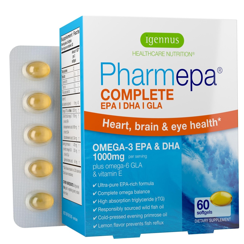 Igennus Pharmepa Complete EPA 668mg & DHA 334mg Omega-3 mastné kyseliny 1000mg, IFOS Certified, RTG Form, High Potency Fish Oil Plus Omega-6 & 9 from GLA Evening Primrose Oil, Lemon Flavor, 60 Softgels