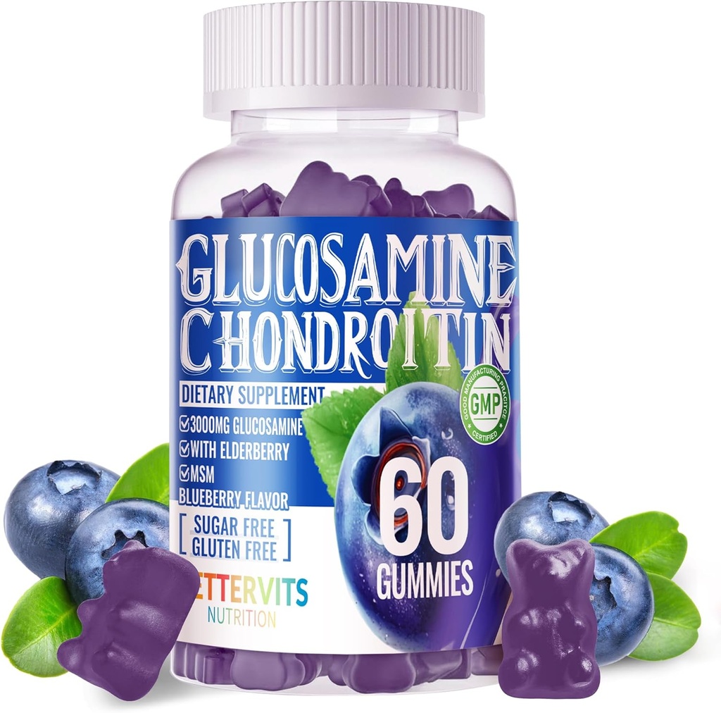 Glukozamín Chondroitín Gummies s extra silou MSM a bazy - Spoločná podpora, Antioxidant Immune Suplement pre dospelých, mužov a ženy.60 Čučoriedkové Gummy