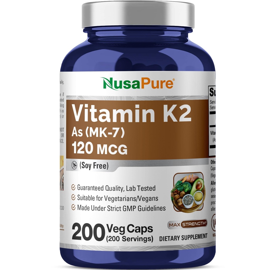 NusaPure Vitamín K2 MK7 120 mcg 200 Veggie Caps (Soy Free, Non-GMO, Vegan)