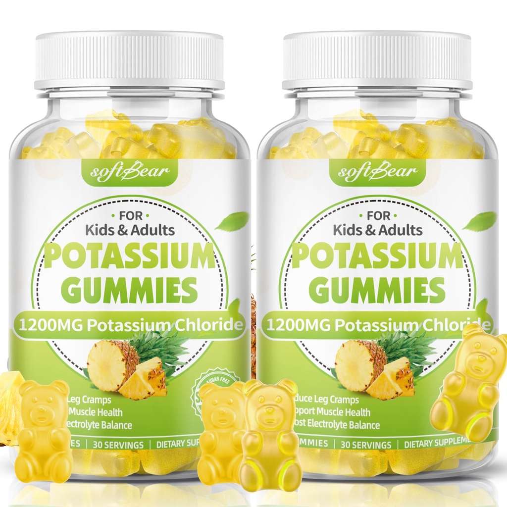 softbear Chlorid draselný Gumies 1200mg, bezcukrové draselné Gumies pre dospelých Podpora Noha Crumps Vysoká potencia Chlorid draselný Supplement, Ananásová príchuť 120 Počet