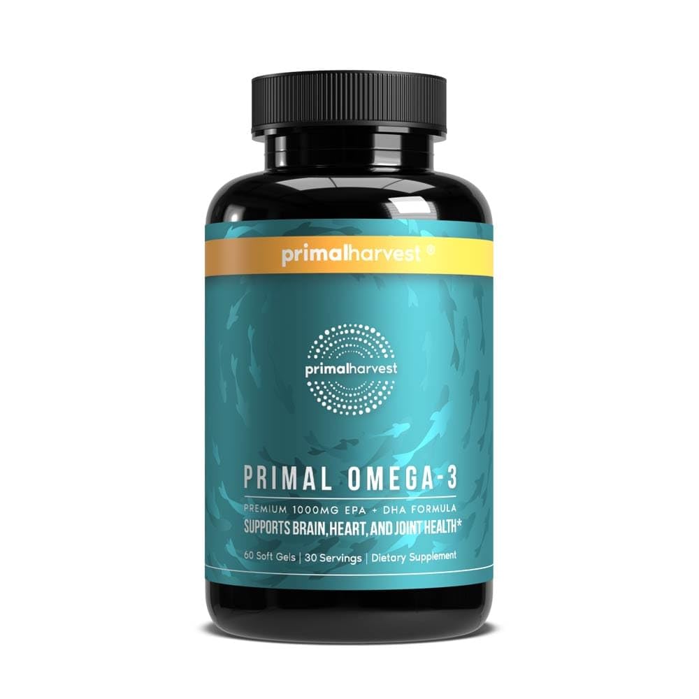 Primal Harvest Omega 3 Fish Oil Supplements, 30 Servíruje mäkké gély Kapsule w/ 1000mg EPA + DHA Supplements, No Fishy Burps Non- GMO Omega 3 Mastné kyseliny