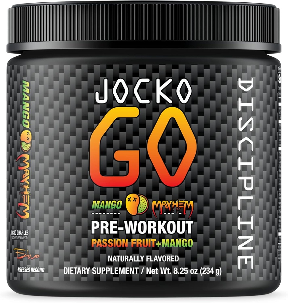 Jocko Fuel Pre Workout Powder s L-Citrulline, Nootropným a kofeínom pre vytrvalosť a vytrvalosť - Keto, Low Sugar Blend for Distance Running, Cycling, Jiu Jitsu - 30 Servings (Mango)