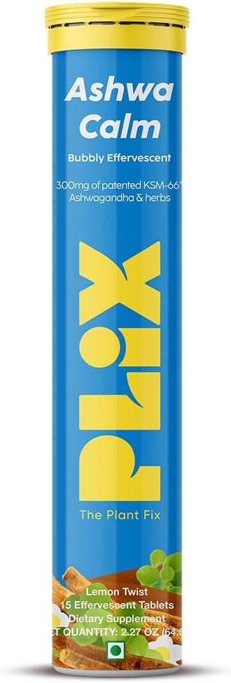 PLIX - PLANT FIX KSM- 66 Ashwaganda 300 mg Šumivé doplnky pre stres, Mood & Energy Support with Vitamin D3 & Brahmi - 15 Vegan, Non- GMO, Gluten- Free Tablets, balenie po 1