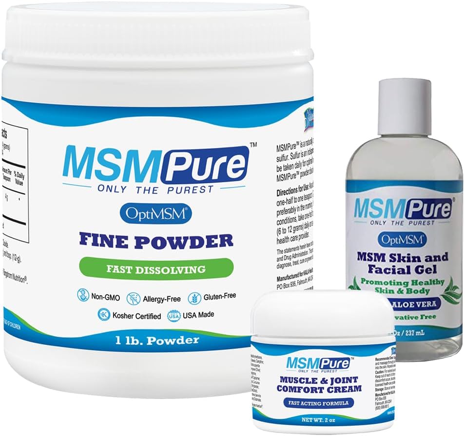 KALA ZDRAVIE MSMPure Starter Bundle s MSM jemný prášok 1lb, MSM svalová a kĺbová krém 2oz a MSM gél s organickým Aloe 8oz