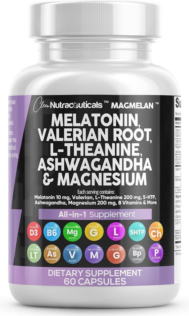 Clean Nutraceuticals Melatonin 10mg Valerian Root L Theanine 200mg Ashwagandha - Podpora spánku pre ženy a mužov s komplexom horčíka, citrónový balm, harmanček, a vášeň kvety - 60 Caps