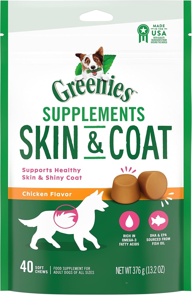 GREENIES Skin & Coat Food Supplements with Fish Oil & Omega 3 Mastné kyseliny, 40-Count kuracie flavor mäkké žuvačky pre dospelých psov všetkých veľkostí