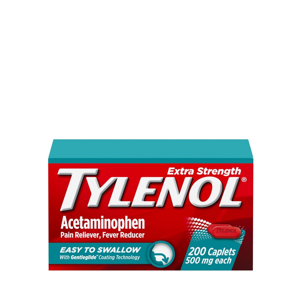 Tylenol Extra Strength Easy to Swallow Acetaminophen, Pain Reliever & Fever Reducer Coated Caplets for Adults with Gentleglide Technology, 500 mg Extra Strength Acetaminophen, 200 ct