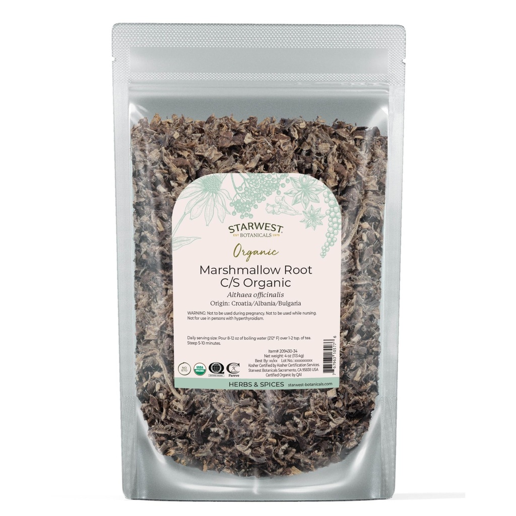 Starwest Botanicals Organic Marshmallow Root - Sušený Herb na čaj, voľne ložený listový koreňový Herb, Cut & Sifted, Certified Kosher, Non-GMO - 4 oz Pouch