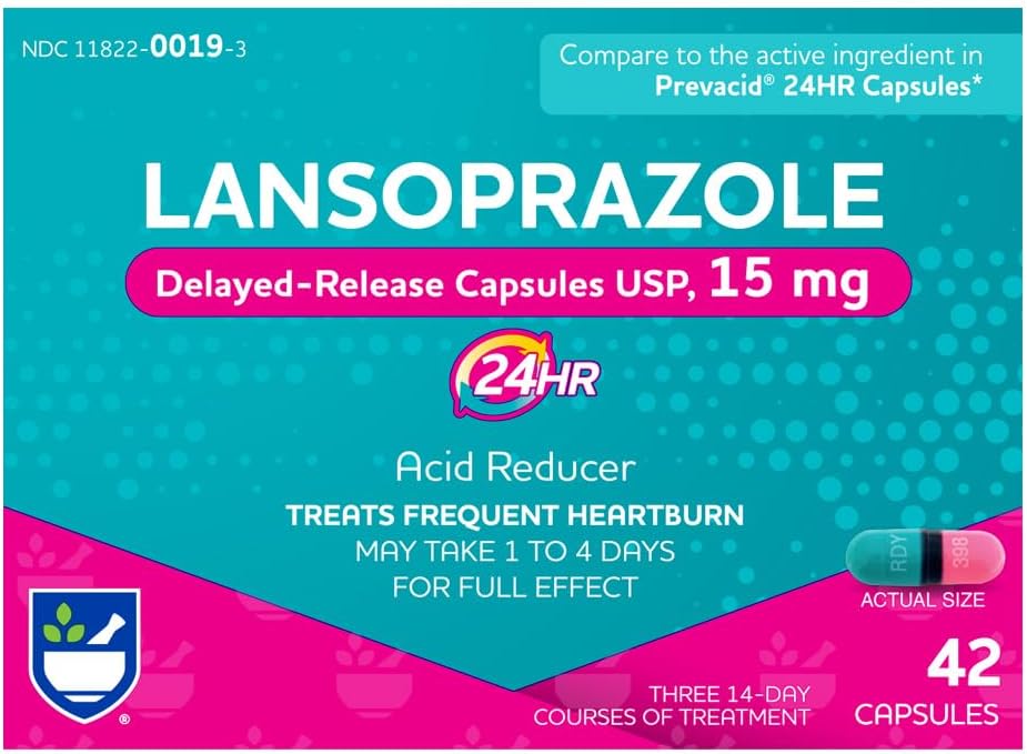 Rite Aid Lansoprazol 15 mg - 42 Kapsuly, Acid Reducer Oneskorené uvoľnenie Kapsuly USP, Úľava pri pálení záhy a reflux kyseliny, až 24 hodín Relief