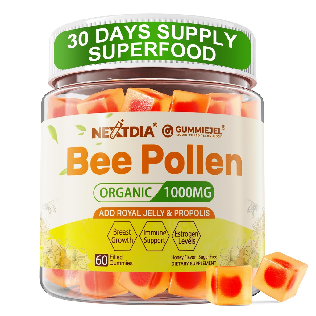 Včela Pollen Organic 1000mg, w/Propolis, Royal Jelly, Sugar Free Bee Pollen Gummies Bohaté na B-vitamín, Antioxidanty, aminokyseliny, Včela Pollen Supplement for Energy, Skin & Immune (1 balenie)