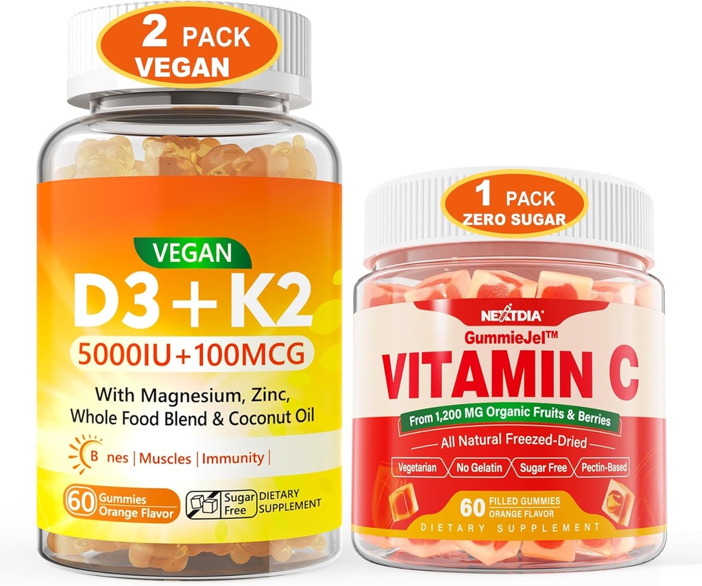 2 balenie Vegánsky vitamín D3 5000IU K2 Gummy+ 1 balenie celý potravinový vitamín C Gummy