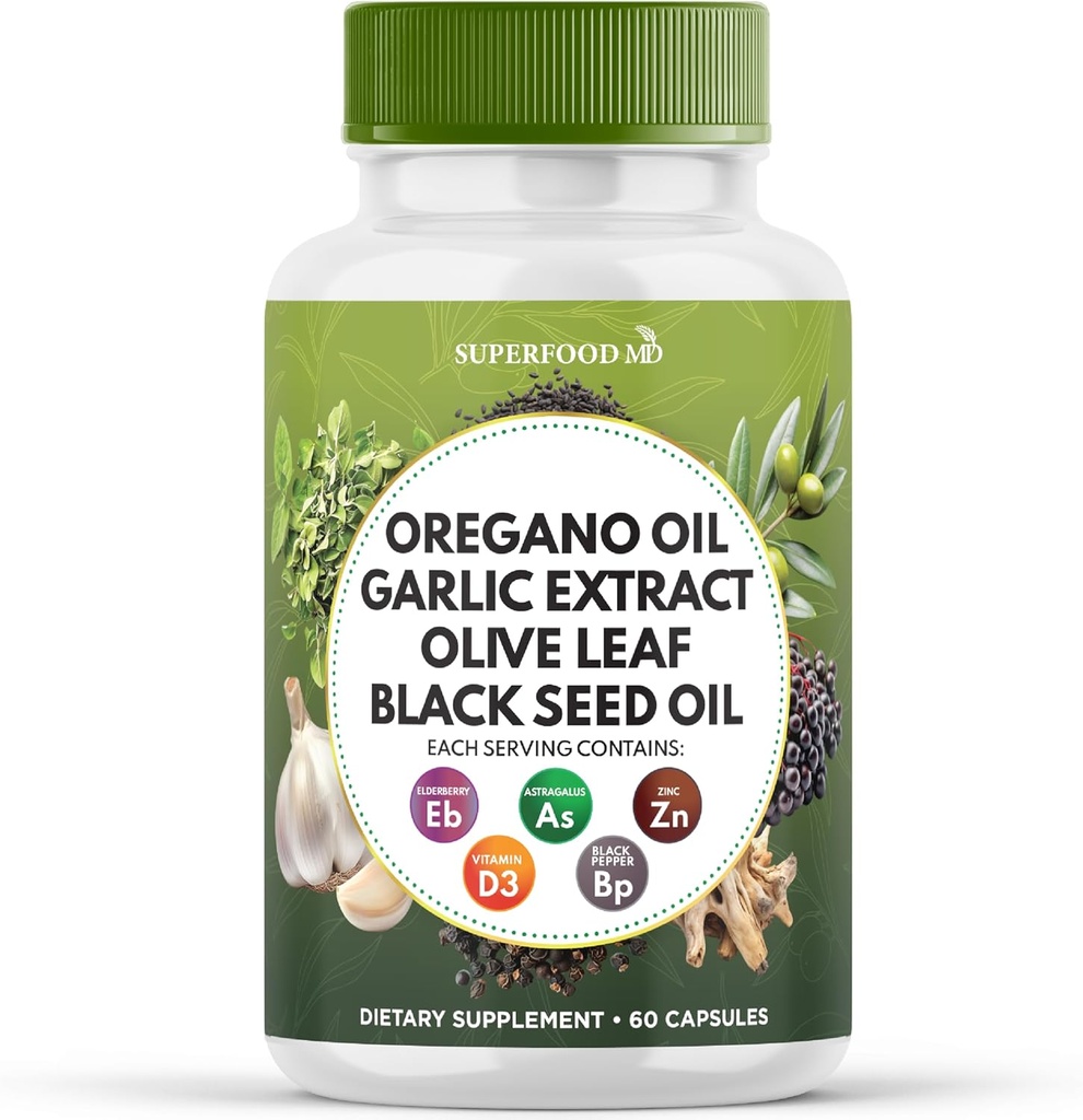 Superfood MD Oregano olej cesnak extrakt Olive Leaf Black Seed olej Astragalus- pre ženy a mužov- 60 Počet