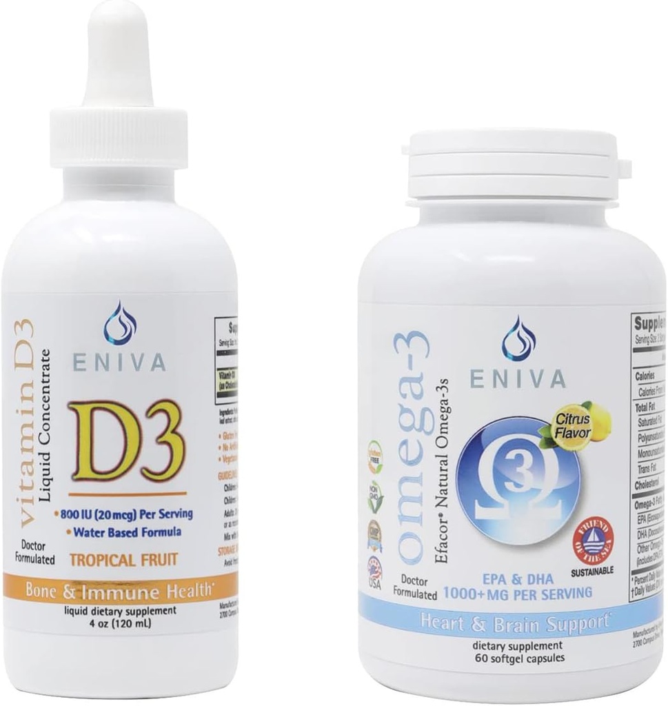 Eniva Omega 3 Premium Fish Oil High EPA/DHA a Tekutý vitamín D3 (120 ml) Lekár pripravený na rýchlu absorpciu