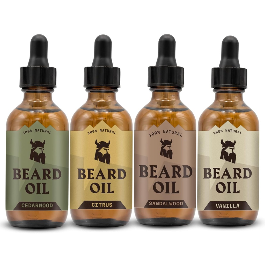 Striking Viking medvedí olej pre mužov - 0.66 Fl Oz Balenie 4, Vanilka, santalwood, Cedarwood & Citrus - Podporuje plnší rast s medvedí rastový olej - Cedarwood Vanilla vôňa pre mužov
