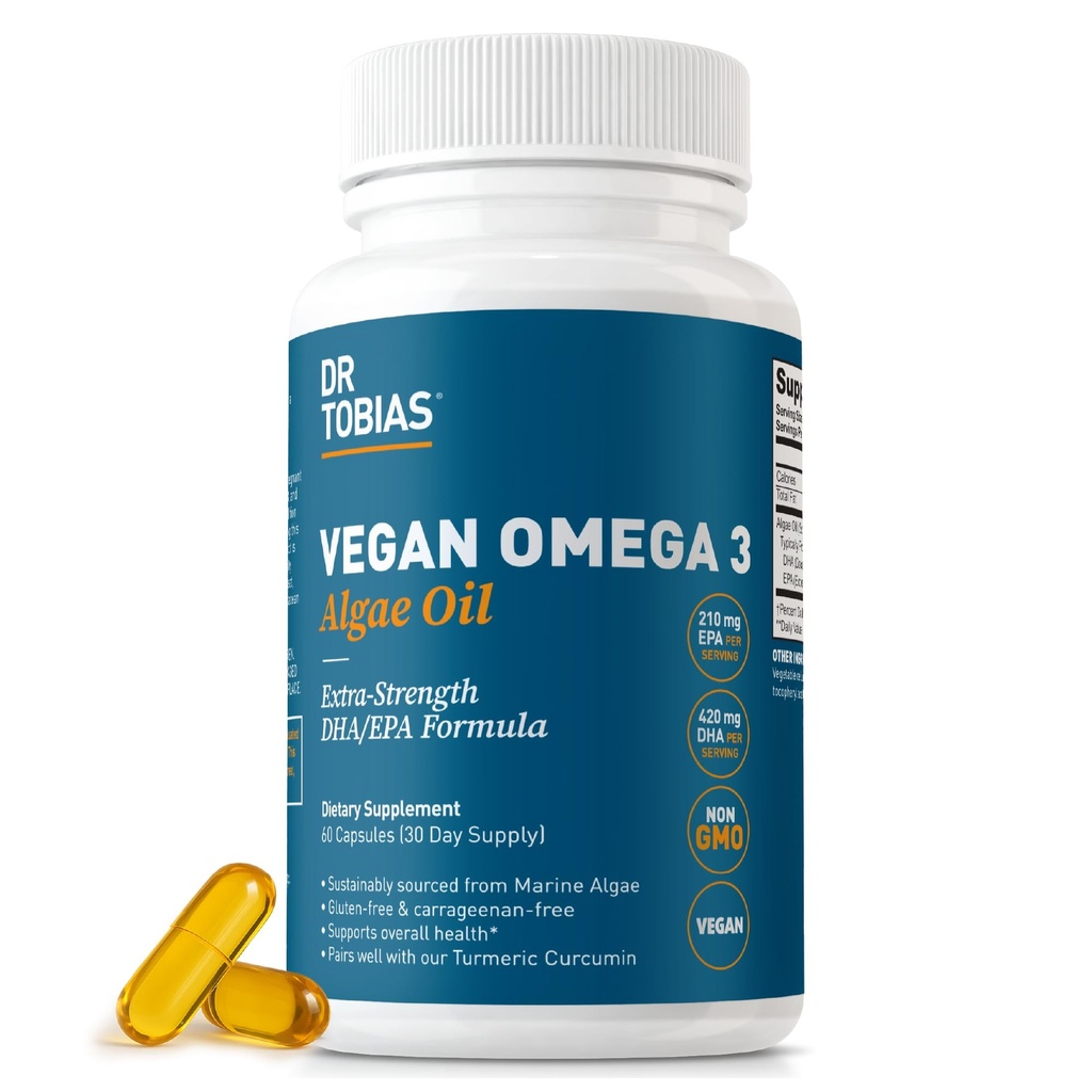 Dr. Tobias Vegan Omega 3 Supplement, 1400mg Algae Oil, 420mg DHA, and 210mg EPA per Serving, Non-GMO, Gluten-Free, Carragenan-Free, 60 Kapsule, 30 Servings