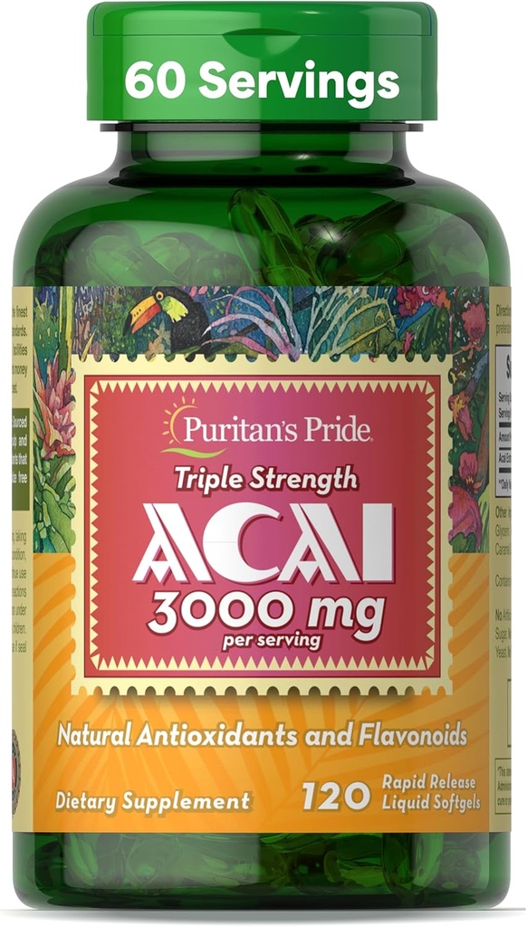Puritánska pýcha Triple Sila Acai 150 mg (3000 mg ekvivalent) s antioxidačnými vlastnosťami a flavonoidy, 2 mesiace dodávky, 120 Rýchle uvoľnenie Tekuté Softgely
