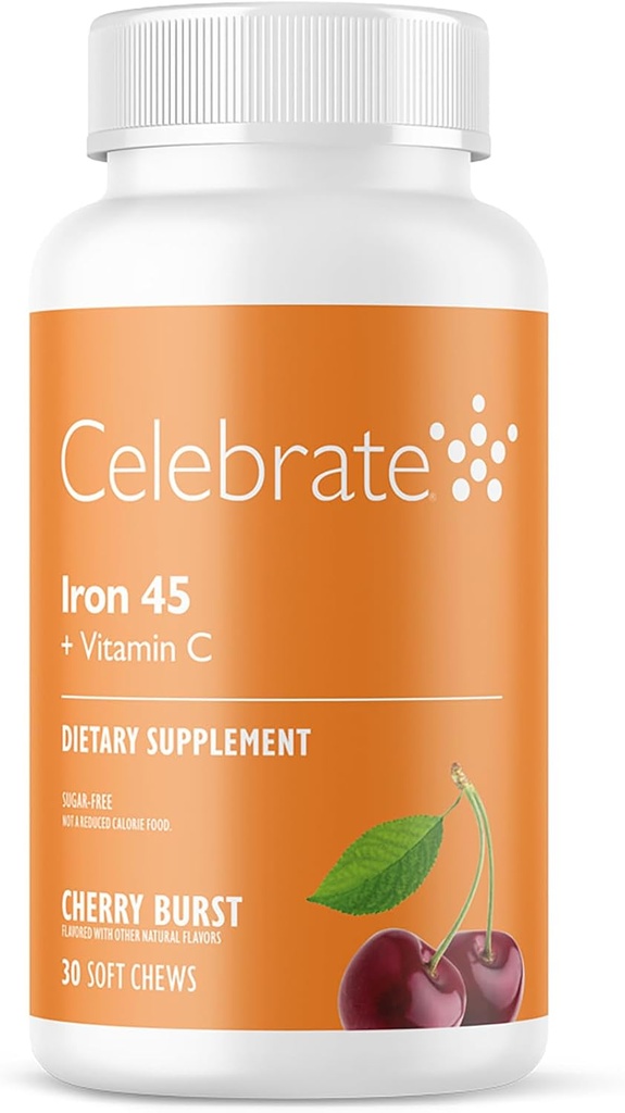Oslavujte vitamíny Železo Supplement s vitamínom C - 45 mg Železo, 60 mg Vitamín C, Bariatrické vitamíny pre pacientov s WLS, Vertikálny rukáv a žalúdočné bypass chirurgia - Cherry, 30 mäkké žuvačky