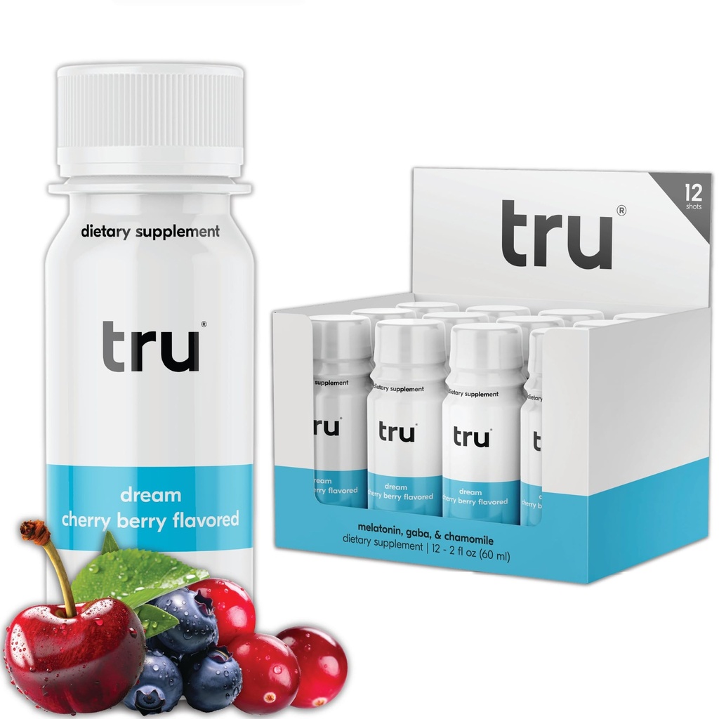 Tru Dream Shot, Extra Strength Sleep Supplement with Melatonin, GABA, harmanček a horčík, Cherry Berry Ochutený Wellness Drink, Gluten Free, Vegan, Caffeine & Sugar Free, 2 FL OZ fľaše, 12 balenia