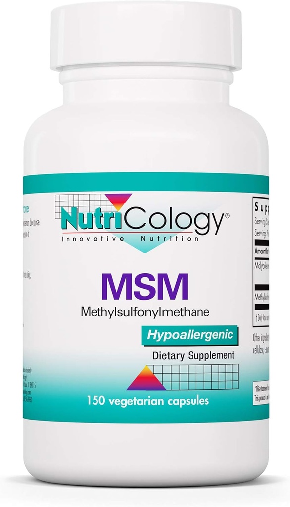Nutricology MSM Supplement - Joint Support, Methylsulfonylmetán, for Hair Growth, Skin & Nails, 500 mg Vegetariánske kapsule - 150 gróf