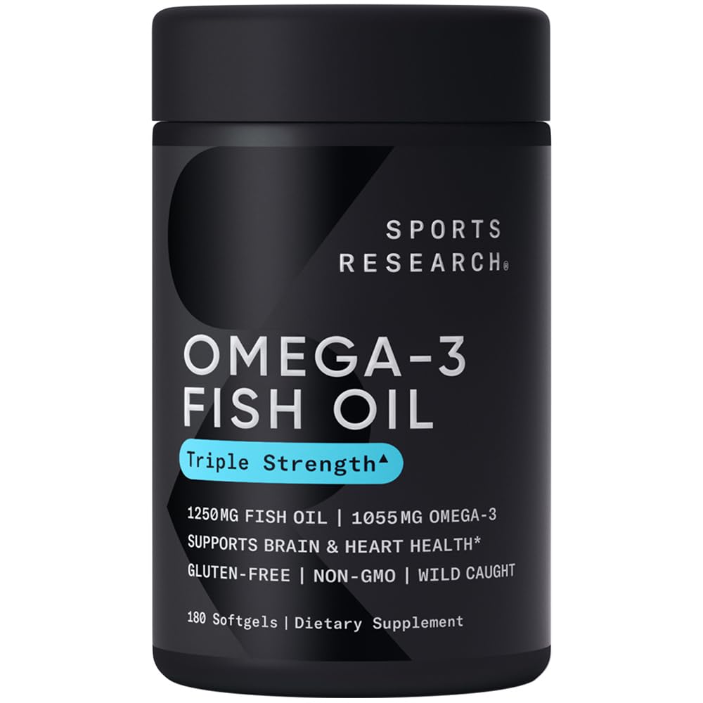 Športový výskum Omega-3 Rybí olej, Trojitá sila, 180 Softgels