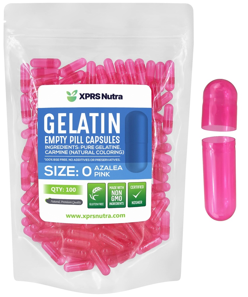 XPRS Nutra Veľkosť 0 Prázdne Kapsule - 100 Počet prázdnych želatíny Kapsule - Tabletky pre DIY Kapsule Plnenie - Pure Bovine Pill Gel Caps pre Do-It-Yourself Supplements (Azalka Ružová)